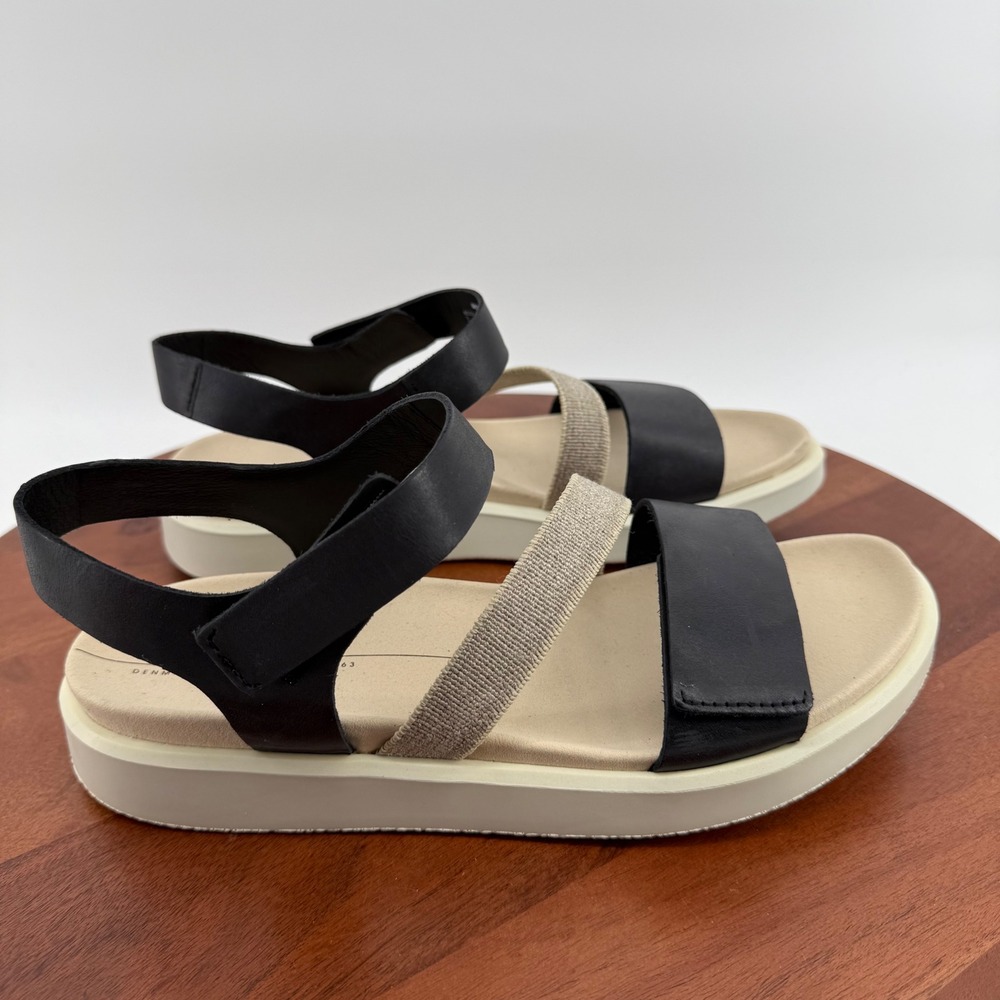 ECCO 3-Strap Sandal Women Black Beige Leather Strappy Platform EU 41/US 10-10.5